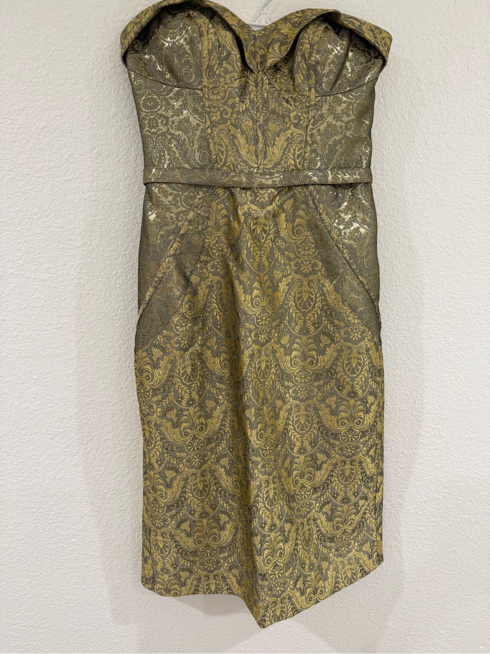 Zac Posen Metallic Gold Strapless Jacquard Sheath Dress - Picture 2 of 5